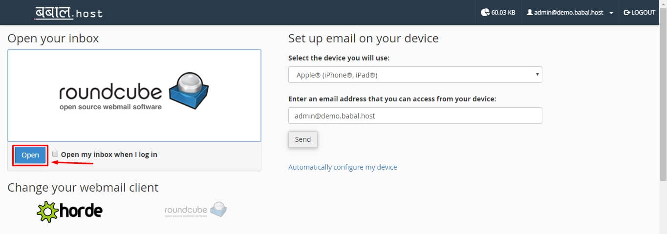 Opening custom email account by webmail client