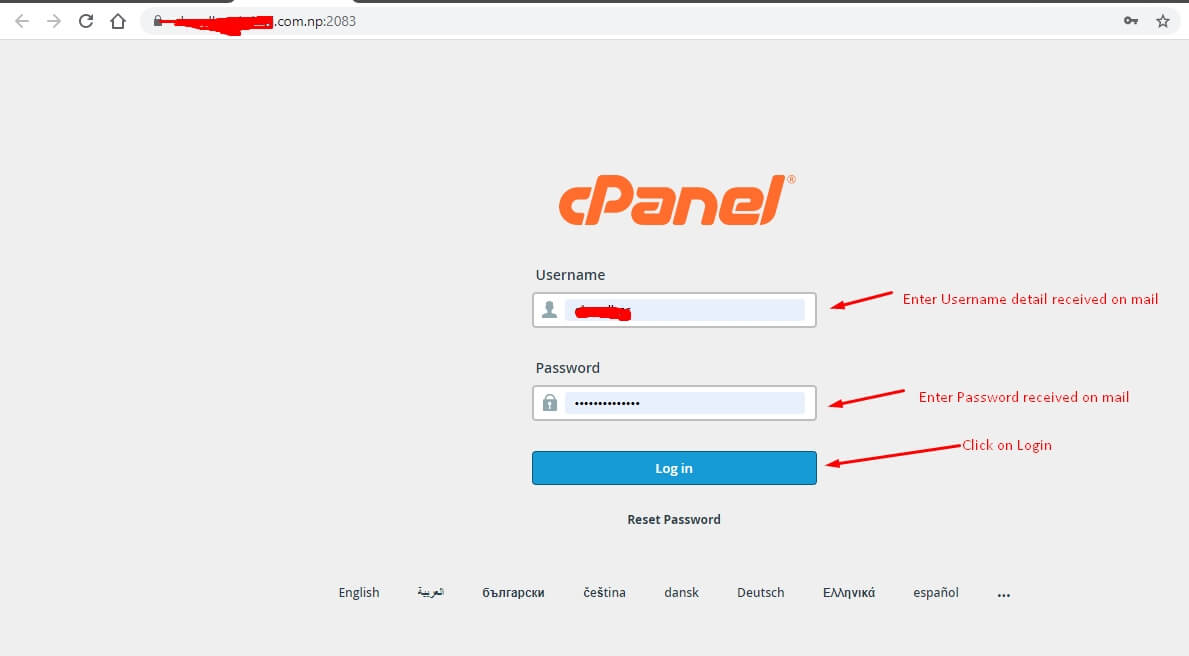 Login Page of Cpanel